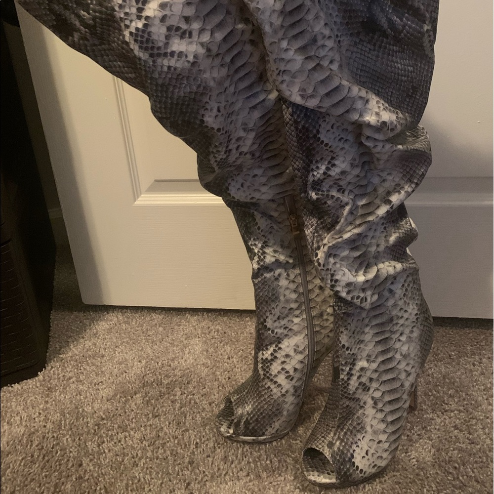 Thigh high open toe boots